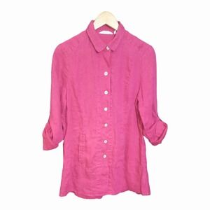 Soft Surroundings Womens 100% Linen Button Up Tab Sleeves Blouse Size Medium